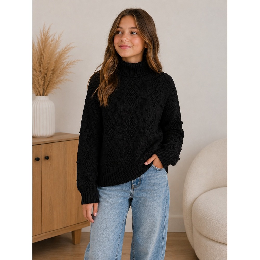 Black Diamond Pointelle Bobble Knit Turtleneck Sweater Size 150 M72317